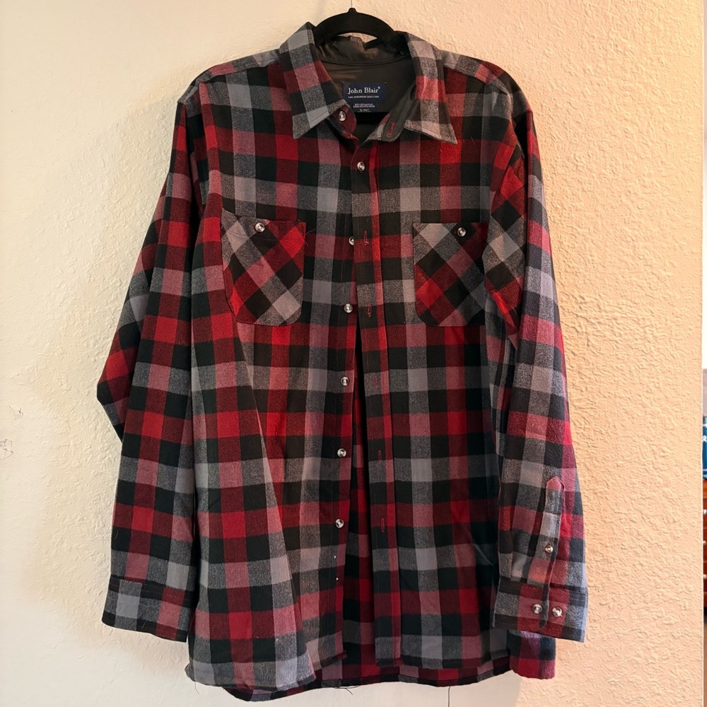 John Blair Men's Red and Gray Plaid Shirt